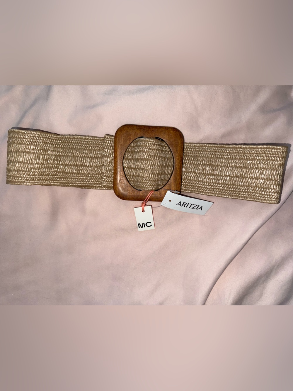 Aritzia Beige Woven Straw Belt with Wood Square Buckle
